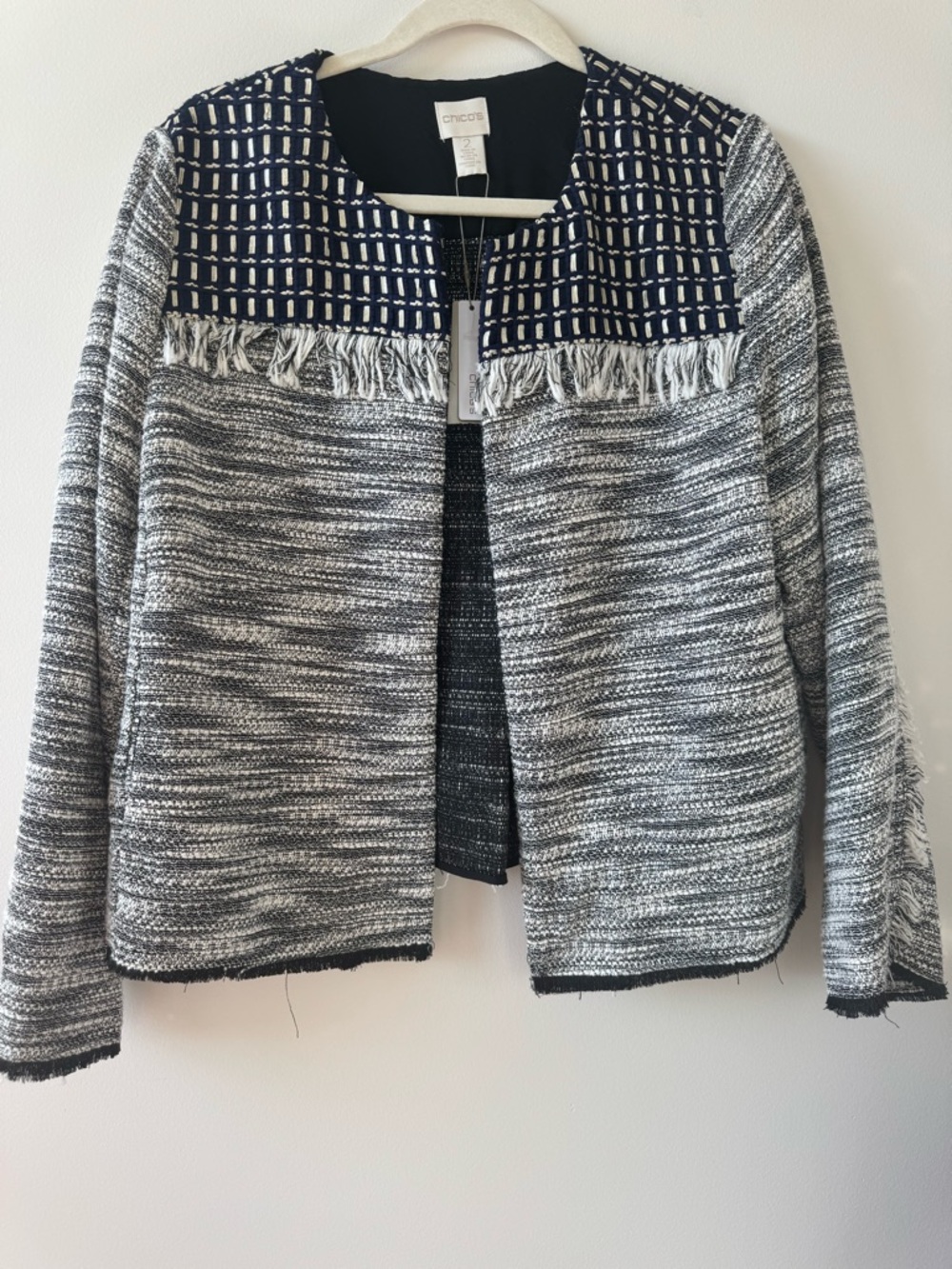 NWT Chico’s Black White Blue Tweed Novelty Piece Jacket Blazer Fringe Sz 2